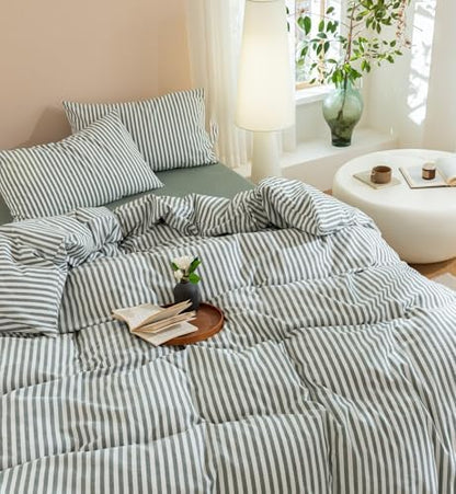 JIYUAN Super King Washed Cotton Duvet Cover Set, Linen-Like Stripe