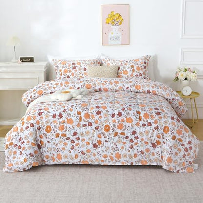 Mooreeke Floral King Size Comforter Sets, Orange and Red Vintage Floral Patterned Bedding for All Seasons, 3-Piece Vintage Bed in a Bag with Fluffy Quilted Reversible Comforter & 2 Pillow Shams
