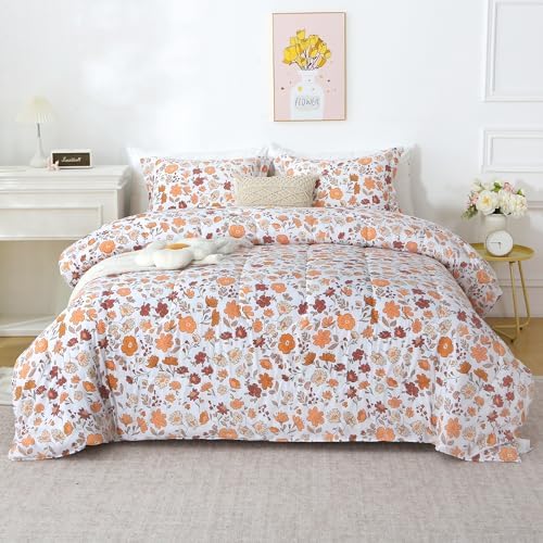 Mooreeke Floral Full Size Comforter Sets, Orange and Red Vintage Floral Patterned Bedding for All Seasons, 3-Piece Vintage Bed in a Bag with Fluffy Quilted Reversible Comforter & 2 Pillow Shams