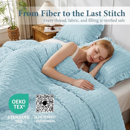 JOLLYVOGUE Blue Comforter Full Size, 3 Pieces Seersucker Lightweight Full Size Bedding, All Season Fluffy Microfiber Bedding Comforter Set with 1 Ruffle Comforter and 2 Ruffle Pillowshams