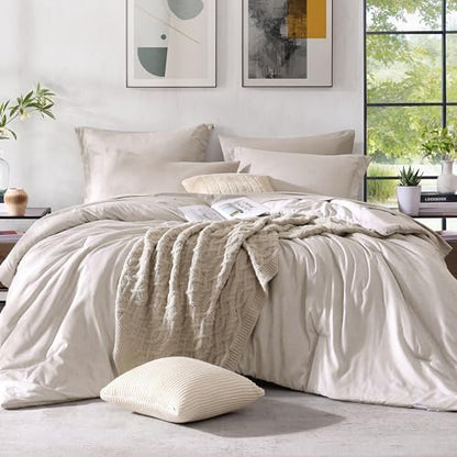 Monbix Oversized Queen Comforter Set 7 Pieces Oatmeal Beige Bed in a Bag