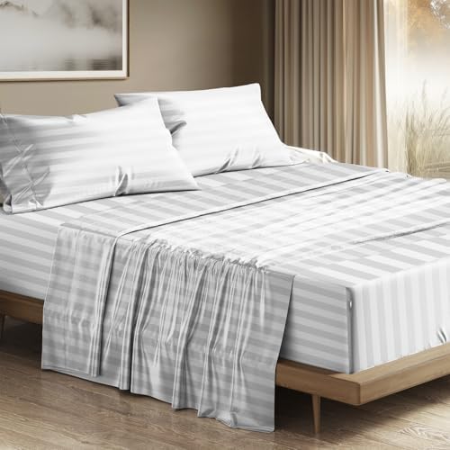 THREAD SPREAD Egyptian Cotton Sheets King Size - 1200 Series Plush Collection Damask Sheet Set Egyptian Cotton (4 PC, White Stripe), Luxury Sheet King Size, Soft, Cooling Deep Pocket Sheets