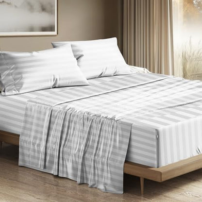 THREAD SPREAD 100% Egyptian Cotton Sheets Queen Size - 1200 Series Plush Collection Damask Sheet Set Egyptian Cotton (4 PC, White Stripe), Sateen Luxury Sheet Queen Size, 17" Deep Pocket