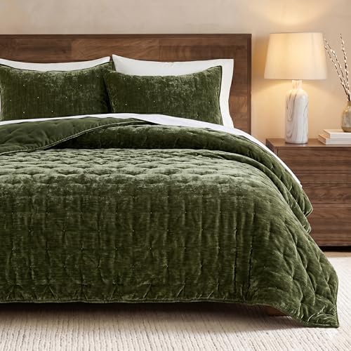 WDCOZY Cloud Soft Queen Size Quilt Set, Dark Olive Green Chenille Velvet