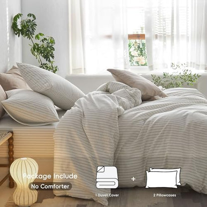 MooMee Striped Duvet Cover Set 100% Washed Cotton Linen Like King