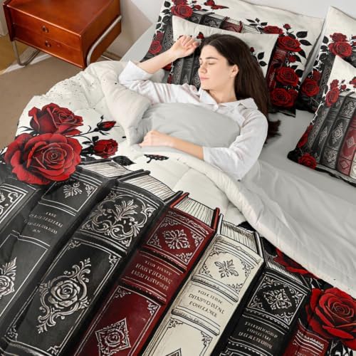 Erosebridal Book Art 7 Piece Bedding Set Twin Romantic Rose Comforter Set with Sheets Dark Retro Floral Bed in a Bag Black Red Ancient Bed Sets Comforter
