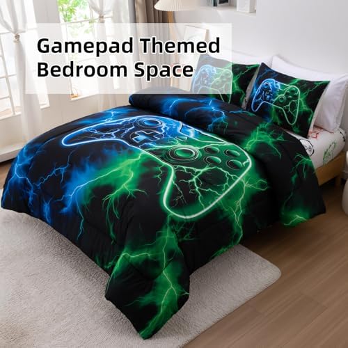 Meeting Story Gaming Bedding Sets Full Size Red and Blue Gamer Comforter Set for Boys Girls Soft Fluffy 3D Cool Video Game Kids Bed in A Bag for All Seasons(Bluegreen)