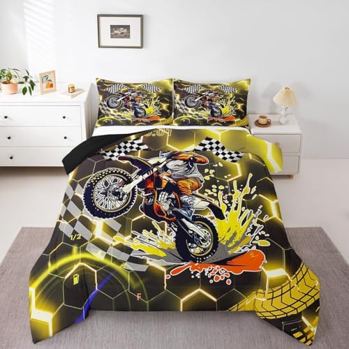 Racing Motorcycle Comforter Set Queen Yellow Neon Lights Honeycomb Bedding Set Dirt Bike Motocross Quilt Glitter Geometric Hexagon Beehive Duvet Insert,Black White Grid Lattice Buffalo Plaid Decor
