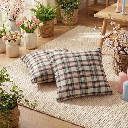 AVOIN colorlife Spring Summer White Red Green Plaid Decorative Throw Pillow Covers, 18 x 18 Inch Holiday Scottish Tartan Cushion Case Farmhouse Decoration for Sofa Couch Set of 2