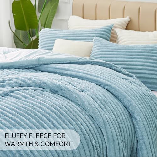 BEDELITE Fleece Queen Comforter Set, Fluffy Bed Set, Light Blue