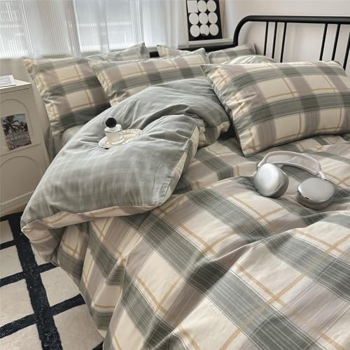 mixinni Green Grid Duvet Cover Set Twin - Vintage Buffalo Plaid Bedding Set-Green &Yellow&Beige, Soft Cotton Geometric Checkered Bedding Set with 2 Pillowcases for Boys, Girls, Teens