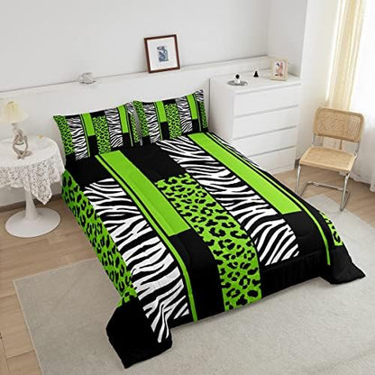 Leopard Zebra Comforter Set Full Size Kids Cheetah Green White Black Comforter for Boys Teens Animal Print Bedding Set Safari Duvet Set Geometric Room Decor Quilt Boys