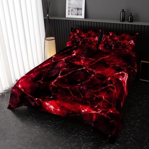 Nttopship Red Comforter Set Twin Size，Red Marble Bedding Set 3 Pcs Bedding for Adults, Marble Room Decor with Comforter and 2 Pillowcases Soft and Lightweight B-Side Black