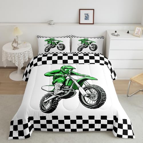 Feelyou Dirt Bike Bedding Set Kids Boys Girls King Size Racing Motocross Rider Comforter Set Teen Adult Ultra Soft Extreme Sports Comforter Motorcycle Racer Duvet Quilt Black and White Check Quilt
