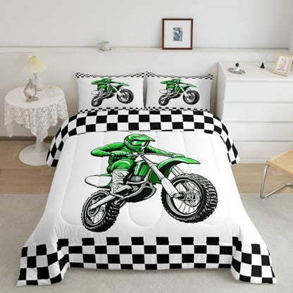 Feelyou Dirt Bike Bedding Set Kids Boys Girls King Size Racing Motocross Rider Comforter Set Teen Adult Ultra Soft Extreme Sports Comforter Motorcycle Racer Duvet Quilt Black and White Check Quilt