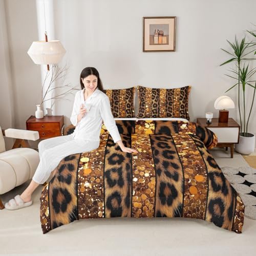 jejeloiu Leopard Kids Comforter Set Full Size Glitter Pattern Bedding Set Animal Skin Duvet Quilt for Kids Boys Girls Bedroom Decor Microfiber Ultra Soft Breathable