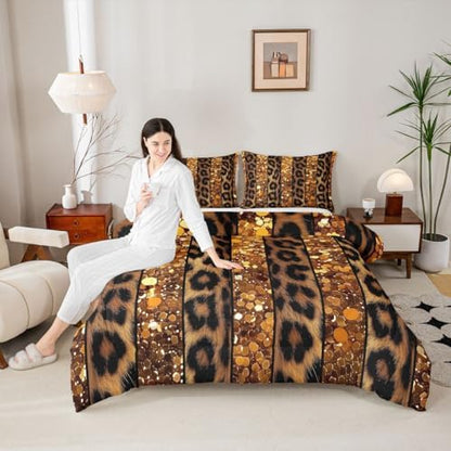 jejeloiu Leopard Kids Comforter Set Full Size Glitter Pattern Bedding Set Animal Skin Duvet Quilt for Kids Boys Girls Bedroom Decor Microfiber Ultra Soft Breathable