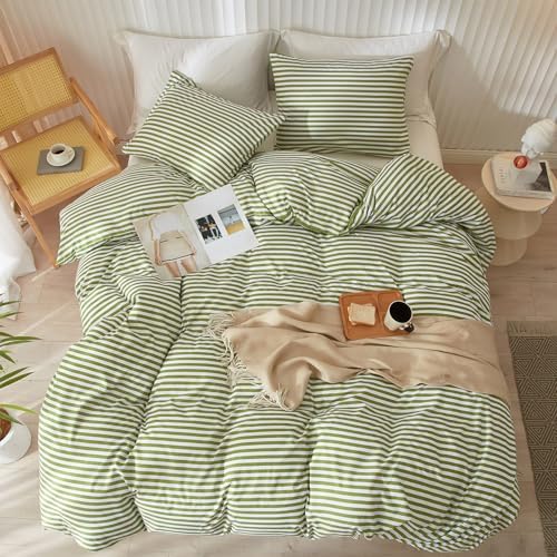 Striped Comforter Set Twin XL Modern Style Green White Stripes Pattern Bed Comforter for All Seasons 3 Pieces Boho Fluffy Comforter with 2 Pillowcases Cozy Farmhouse Lightweight Bedding Comforter Set