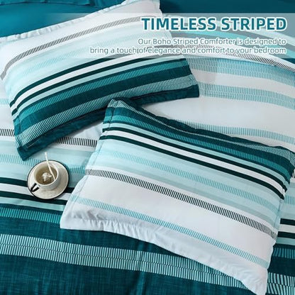 Dobuyly Teal Queen Comforter Set 7 Pieces, Blue Boho Striped Bed in a Bag Queen Size Soft Microfiber All Season Bedding Set with Comforter, Sheets, Pillowcases & Shams