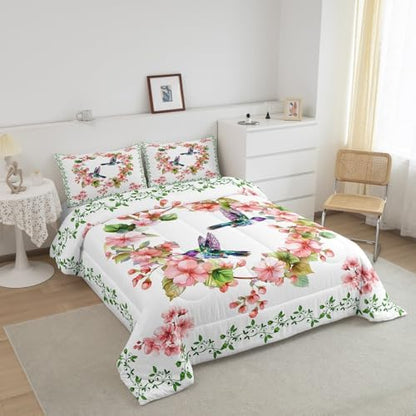 Homewish Spring Hummingbird Comforter Set Queen Size,Cherry Blossom Floral Bedding 3pcs for Kids Girls Women Room Decor,Green Leaves Botanical Boho Quilted Duvet Nature Animals Insert,2 Pillowcases