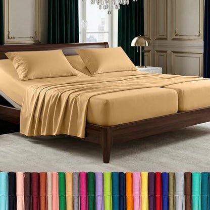 Elegant Comfort Luxurious 1500 Premium Hotel Quality Microfiber Three Line Embroidered Softest 5-Piece Bed Sheet Set, Wrinkle and Fade Resistant, Split King, Gold