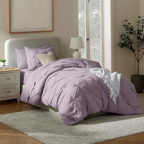 Nestl 7 Piece Twin Comforter Set – Grayish Purple Pinch Pleated Bed in a Bag – Complete Twin Size Bedding Set with Sheets, Set of 2 Cooling Pillows, Pillowcase and Sham