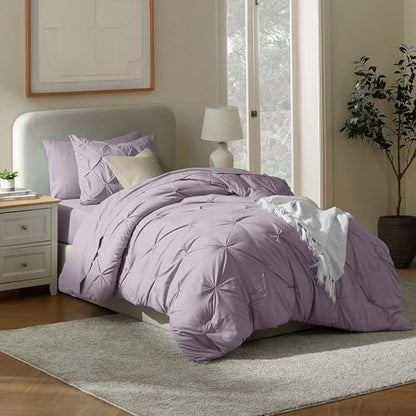 Nestl 7 Piece Twin Comforter Set – Grayish Purple Pinch Pleated Bed in a Bag – Complete Twin Size Bedding Set with Sheets, Set of 2 Cooling Pillows, Pillowcase and Sham