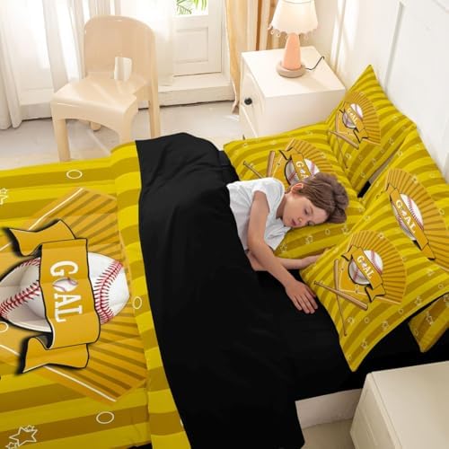 Erosebridal Sports Baseball Theme Yellow Gaming Pattern 7 Piece Bedding Set Twin | Boys Kids Ball Games Boys Comforter Set with Sheets Playground Bed in A Bag Stripes Geometric Bed Sets