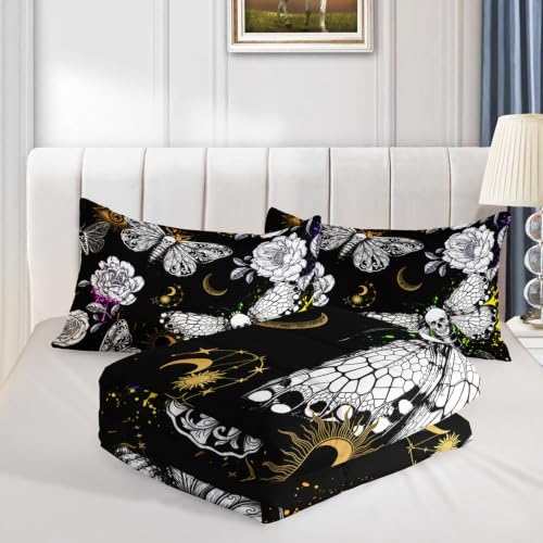 HOSIMA Death Moth Skull Heads Full Size Comforter Sets Horror Theme Halloween Bedding,Goth Bedding Set Floral Butterfly Bed Set Room Decor for Teen Girls Boys Black Comforter Set.