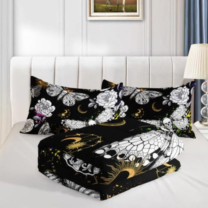 HOSIMA Death Moth Skull Heads Full Size Comforter Sets Horror Theme Halloween Bedding,Goth Bedding Set Floral Butterfly Bed Set Room Decor for Teen Girls Boys Black Comforter Set.