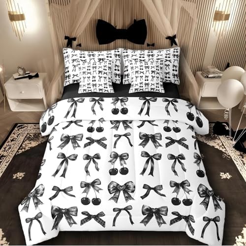 Cherry Bow King Size Comforter Set with Sheets, Black and White Bow Tie 7-Piece Bedding Set Silk Ribbon Bowknot Bed in a Bag, Dreamy Princess Room Decor,Girly Cute Room Decor Aesthetic Kawaii