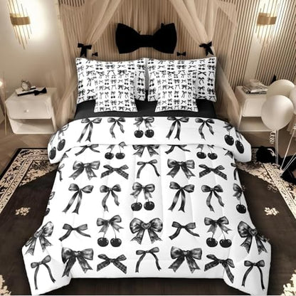 Cherry Bow King Size Comforter Set with Sheets, Black and White Bow Tie 7-Piece Bedding Set Silk Ribbon Bowknot Bed in a Bag, Dreamy Princess Room Decor,Girly Cute Room Decor Aesthetic Kawaii