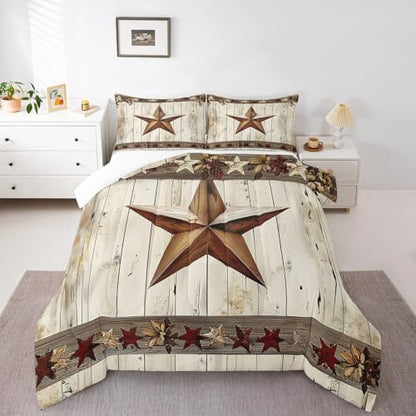 Manfei West Texas Star Comforter Set King Size, Rustic Farmhouse Quilt Set with 2 Pillowcases, Grey Wooden Plank Bedding Set 3pcs for Kids Boys Teens Room Decor, Lightweight Duvet Insert