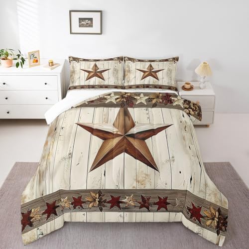 Manfei West Texas Star Comforter Set Full Size, Rustic Farmhouse Quilt Set with 2 Pillowcases, Grey Wooden Plank Bedding Set 3pcs for Kids Boys Teens Room Decor, Lightweight Duvet Insert