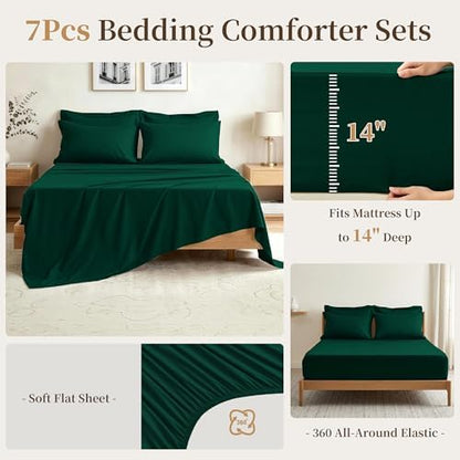 King Comforter Set 7 Piece with Lightweight Comforter, Dark Green