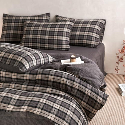Vintage Grey Plaid Duvet Cover Gingham Bedding Set Twin 100% Cotton Muslin Duvet Cover Like Linen Feel Soft Comfy Grey Plaid Grid Checkered Comforter Cover Breathable Grid Farmhouse Dorm Bedding Set