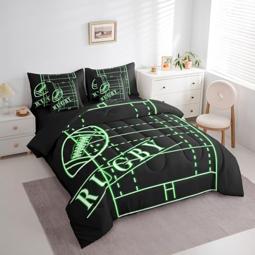 Boys Soccer Bed in a Bag 7Pcs for Kids Teens Black Green Bedding Set, Sports Gaming Full Size Comforter Set Green Football Field Bedding Comforter Sets, Ball Game Bed Set Super Cozy (Black Reversible)