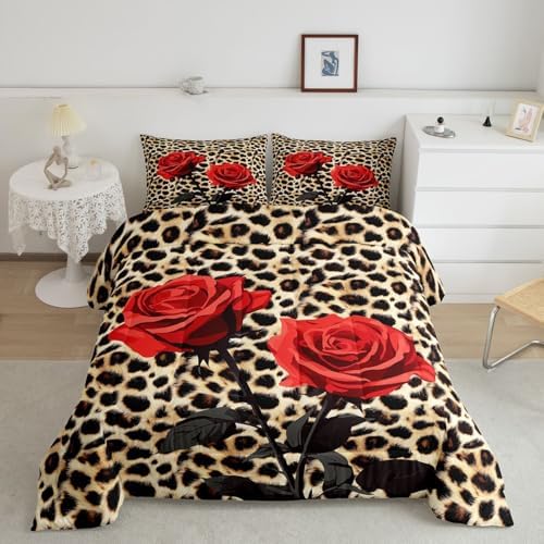 Erosebridal Rose Flower Comforter Set for Kids Girls Women, Leopard Print Down Comforter King Size, 3D Red Floral Petal Bedding Set Cheetah Animal Skin Quilted Duvet for Bedroom Decor, Brown