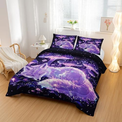 Nttopship Fox Comforter Bedding Set Queen Size,Cute Cartoon Forest Fox Printed Quilt Set for Kids Boys Girls, Cartoon Fantasy Mushrooms Comforter Set Wildlife Bedroom Decor
