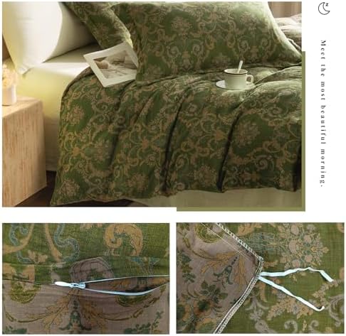 VM VOUGEMARKET Olive Green Duvet Cover Set King,Reversible Medallion Flower Print Bedding Set Linen Cotton Yarn-Dyed Textured Bohemian Duvet Cover with Zipper Closure-104 x90