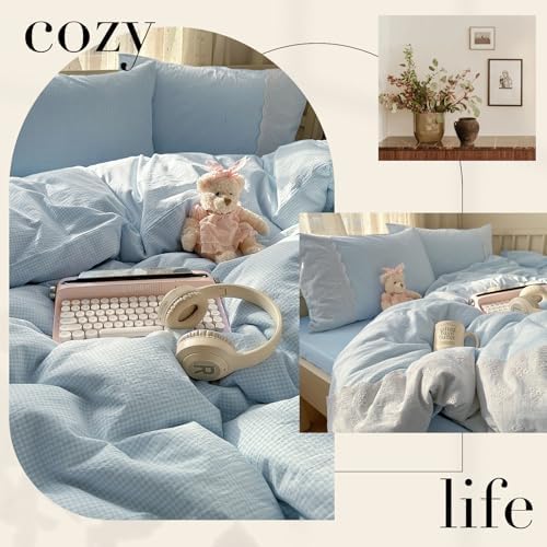 mixinni Blue Gingham Duvet Cover Twin Size - 3 Piece Cottagecore Plaid Bedding Set with Lace Trim, Soft Washed Microfiber Vintage Aesthetic Grid Comforter Cover & Pillow Shams, (Blue White Gingham)