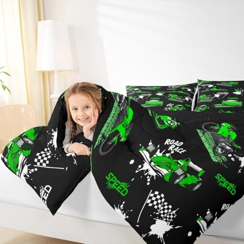Erosebridal Boys Race Car Comforter Set Blue Green Racing Car Bedding Set Toddler Size,Speed Sports Car Comforter Extreme Sports Duvet Insert for Kids Girls Teens Cool Dirt Bike Motocross Quilt
