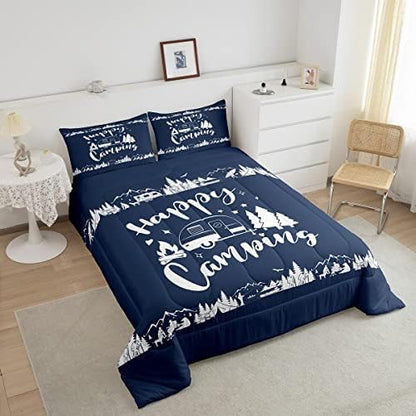 Happy Camping Comforter Set Queen Size,Camper RV Trailer Decor Rustic Bedding Set 3pcs for Kids Boys Girls Adults,Mountain Travel Adventure Down Comforter,Navy Blue Retro Duvet Insert,2 Pillowcases