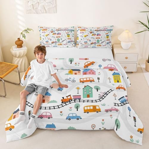 Erosebridal Cartoon City Car Kids Comforter Sets Bicycle Truck Train Full Bedding Set for Boys Girls House & Tree Cityscape Comforter Set Transportation Road & Railway Quilt Duvet 3 Pcs
