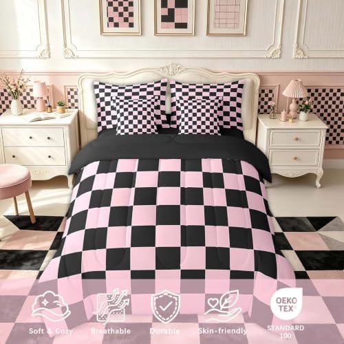 Feelyou Checkered 7 Piece Bedding Set Teen Pink Black Plaid Comforter Set with Sheets Twin Size Kids Boys Cute Retro Neutral Checkerboard Geometric Bed in a Bag Vintage Aesthetic Room Decor