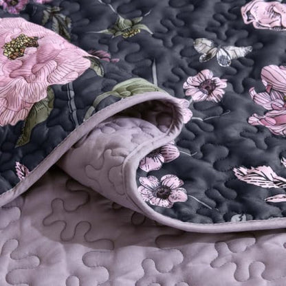 Litanika Floral Dark Purple Quilt - 3Pcs Botanical Birds Pattren Bed Set