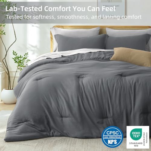 Prewashed King Size Comforter Set 7 Pieces, Grey Bed Set