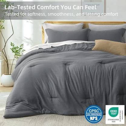 Prewashed King Size Comforter Set 7 Pieces, Grey Bed Set