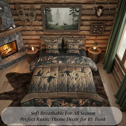 Erosebridal 7 Piece Camo Mallard Duck Comforter Set with Sheets for Kids Boys Men Rustic Farmhouse Cabin Bed in A Bag Queen,Hunting Woodland Duck Bedding Set Country Wood Board Animal Bed Set
