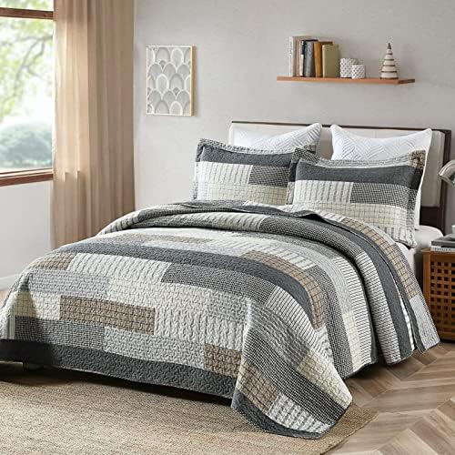 Y-PLWOMEN 100% Cotton Quilts Queen Size Farmhouse Striped 3-Pieces Bedding